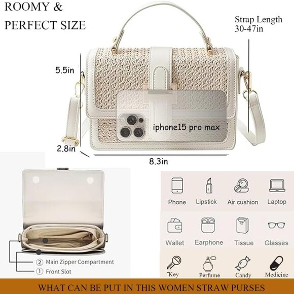 Straw Crossbody Bag Women Summer Beach Woven Purse Vacation Shoulder Handbag - Picture 4 of 6